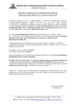 Ozn&aacute;men&iacute; o přeru&scaron;en&iacute; provozu M&Scaron; v červenci a srpnu 2024